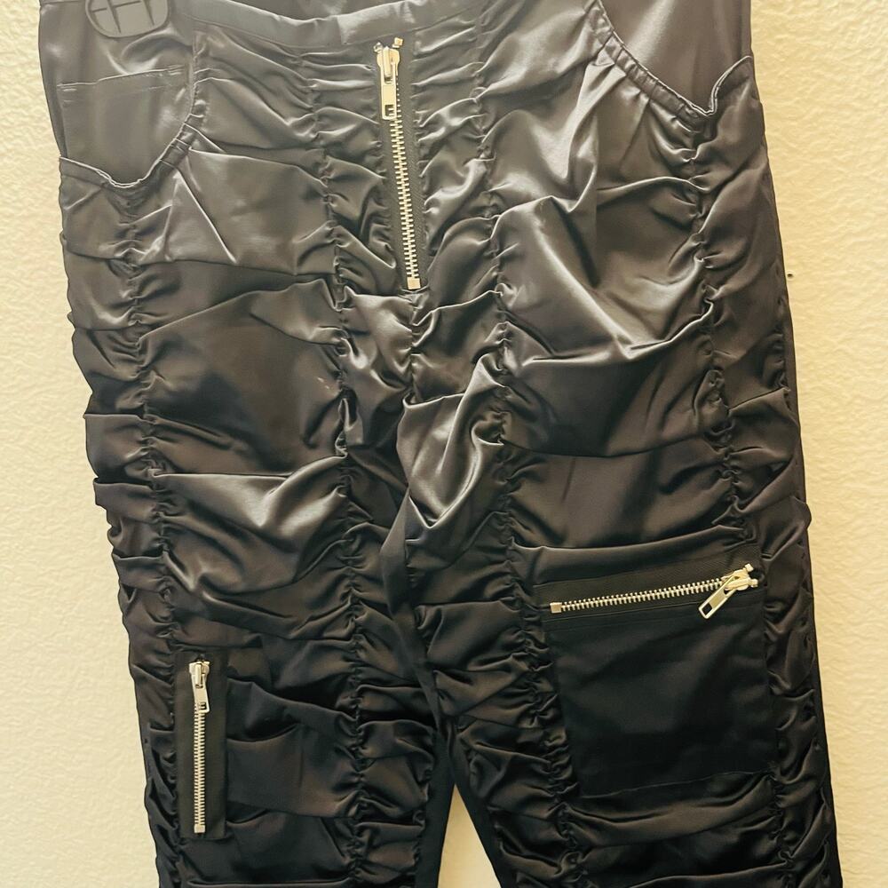 Seven Express Y2K Ruched Satin Cargo Pants Flare Leg Black 26 Cyber Clubwear - Picture 4 of 10